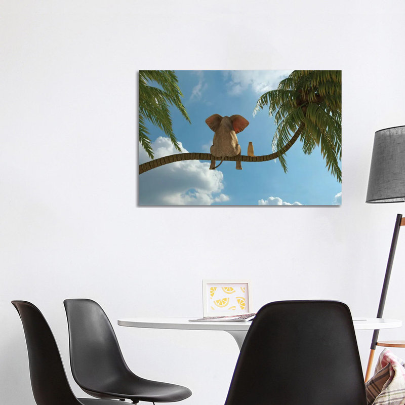 Elephant And Dog Sit On A Palm Tree by Mike Kiev - Print on Canvas, Wrapped Canvas, 101.6 cm H x 66.04 cm W x 3.175 cm D