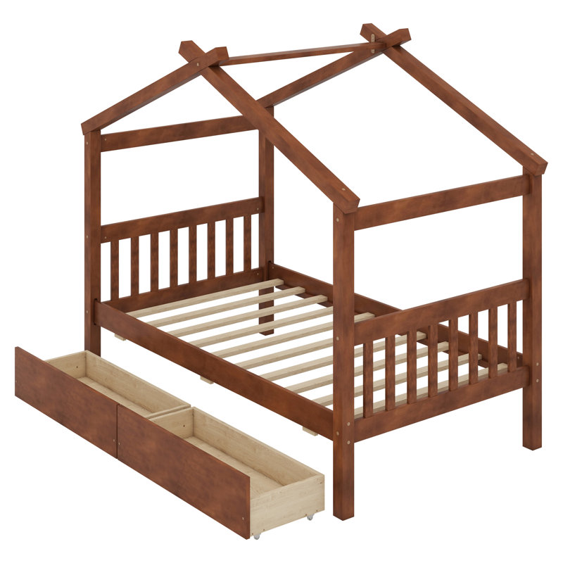 Wooden House Bed with Drawers, Walnut