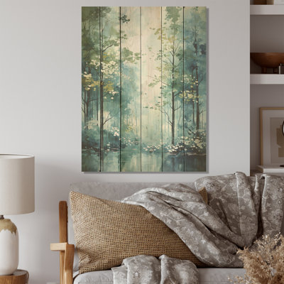Tranquil Shadows Green Forest - Forest Wood Wall Art On Natural Pine Wood