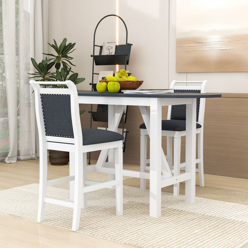 Shilonda 3-Piece Counter Height Dining Set, Wood Table with 2 Linen Upholstered Chairs, White Gray, Dark Gray/White