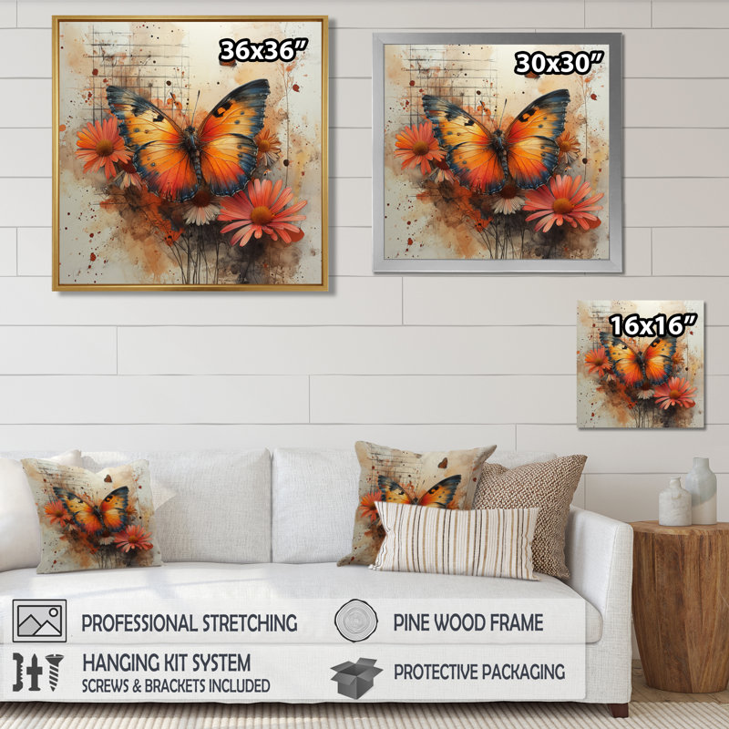 Rétro papillon orange dans un rêve floral - art mural papillon, salon, Toile tendue, 16" H x 16" W