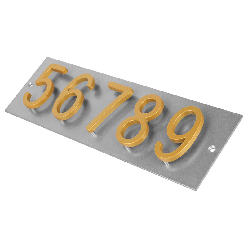 Plaque d'adresse horizontale flottante en aluminium Royal Shade - 5 chiffres personnalisés, Argent argent, Doré, Oui