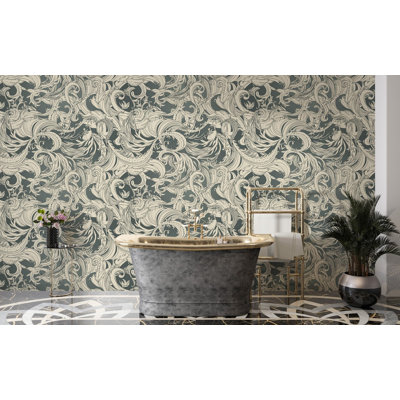 Baroque Swirl Wall Mural | Cream and Slate Ornamental Wallpaper | Non-Woven or Peel and Stick