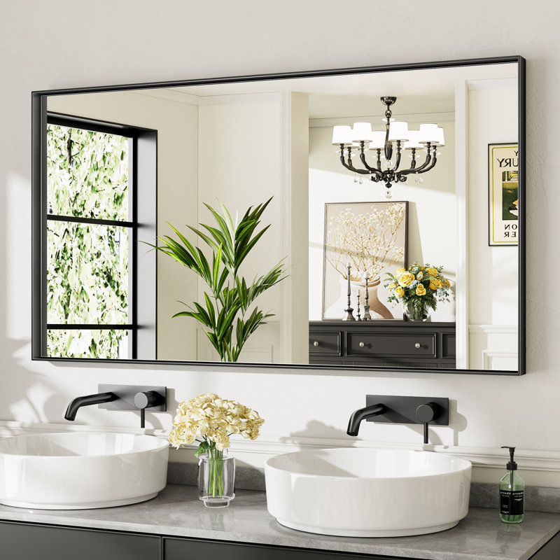 Modern & Contemporary Matte Black Aluminum Alloy Framed Rectangular/Square Bathroom Vanity Mirrors with HD Tempered Glass