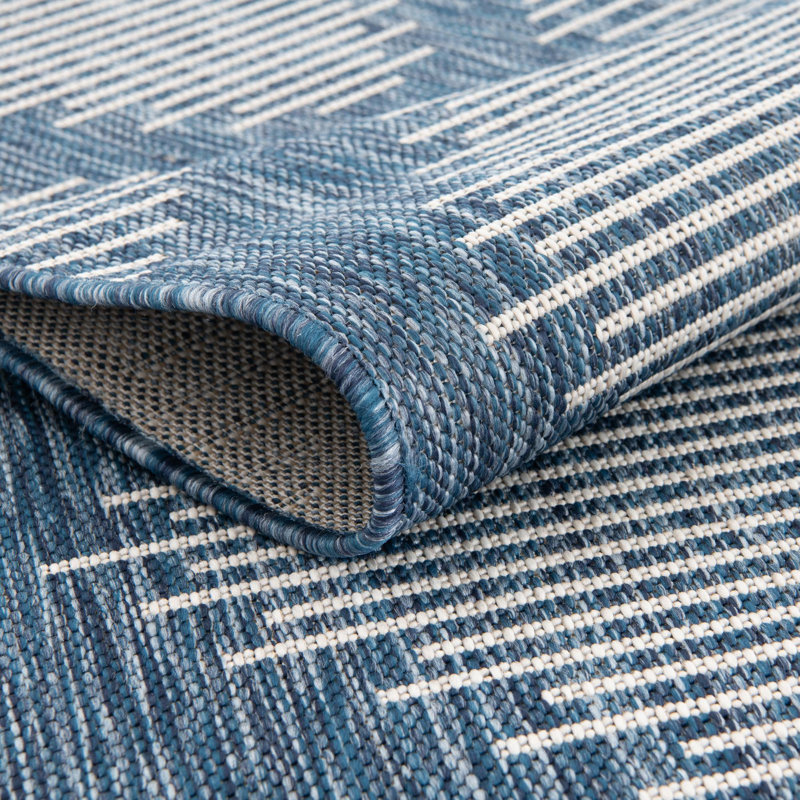 Tapis géométrique bleu en polypropylène tissé à la machine Wallington, Rond 3 pi 3 po