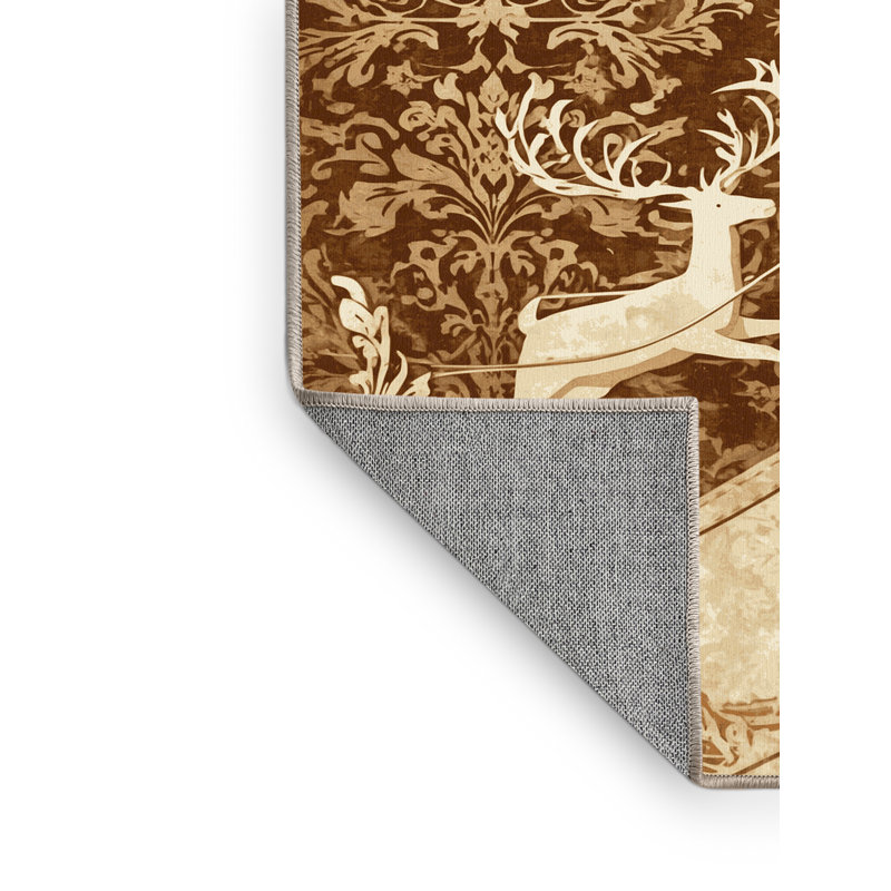 Machine Washable Vehicles And Transportation Sleigh With Reindeer Classic Damask Rug in Beige – Beige Binding, 8x10