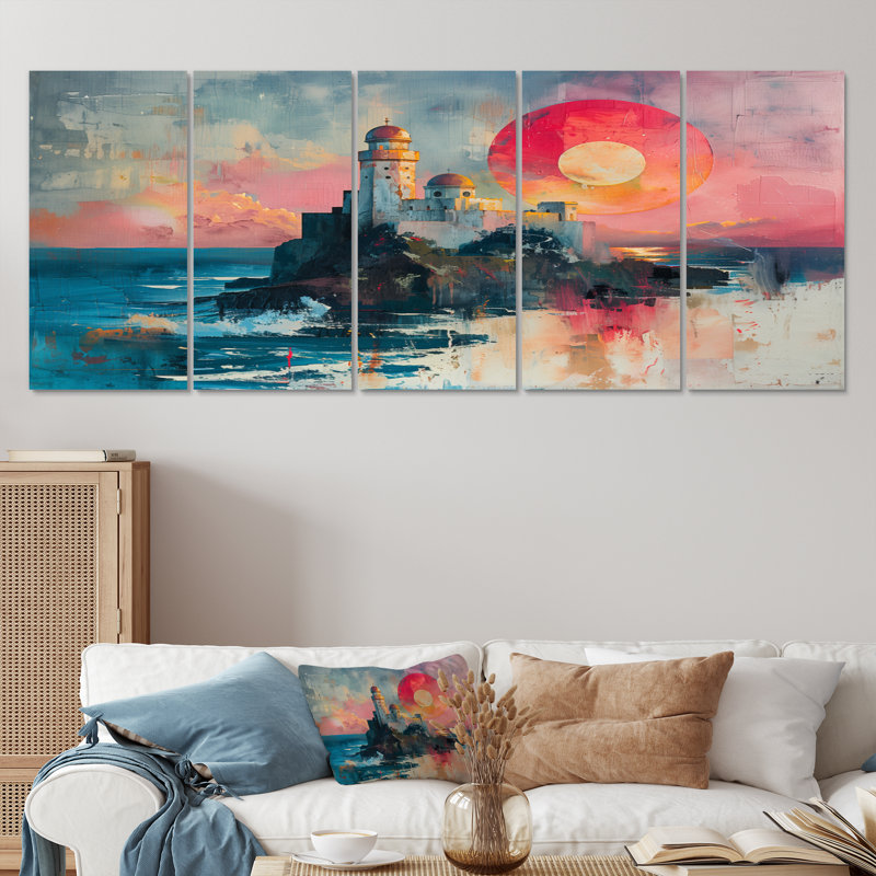 «Pink Blue Summer Coastal Astral» - Ensemble d'art sur toile, H 32 po x l 80 po