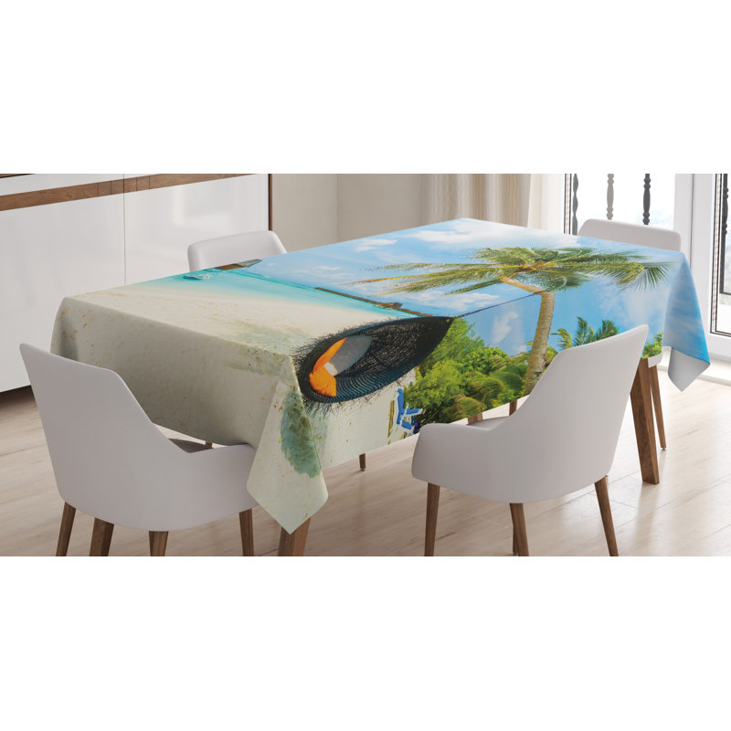 Ocean Tablecloth, Exotic Beach In The Maldives With Crystal Waters And Palm Trees On The Sand Tropical, Rectangular Table Cover For Dining Room Kitchen Decor, 52" X 70", Multicolor