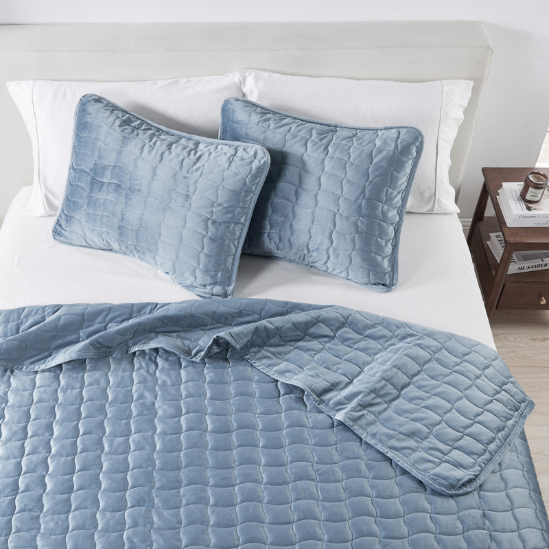 Twin Blue Velvet Polyester Box-Stitched Quilt Set