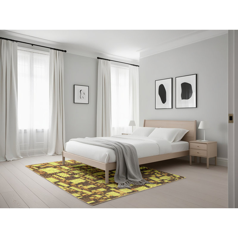 Tapis jaune/brun à motifs, Rectangle 5 pi x 7 pi