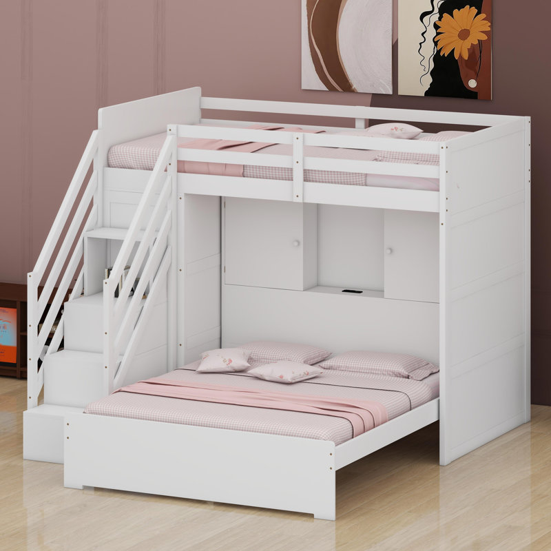 Space-Saving Loft Bed Featuring Climbing Storage Steps, Attached Closet, Multi-Port USB Hub, and LED Light System, White