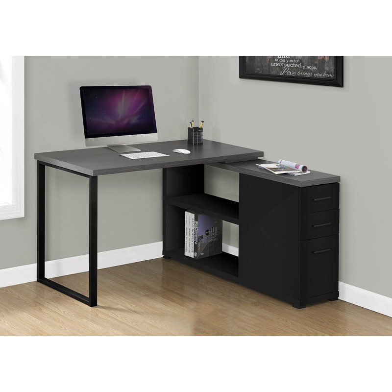 Contemporary L-Shape Computer Desk With Storage Drawers, Adjustable Shelf, And Black Metal Frame For Modern Home Office