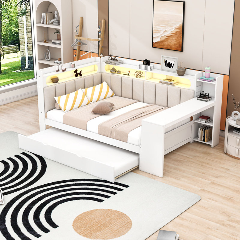 Daybed with Shelves,Trundle,Charging Station,LED Light and Desk, White/Beige