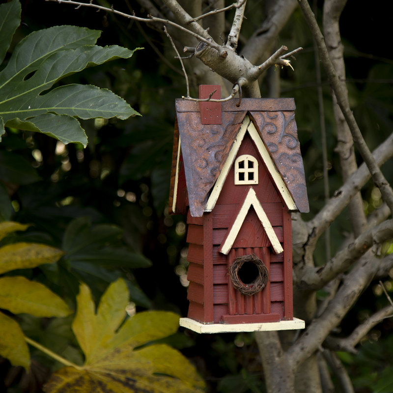 Maison d'oiseaux de jardin en bois massif patiné Strader, Rouge / Brun