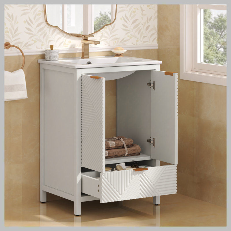 Ensemble de meuble-lavabo 24 po avec lavabo, meuble-lavabo moderne avec trou de robinet simple, panneaux de porte texturés et tiroir, pieds en pin, grand espace de rangement et charnières à fermeture douce, blanc