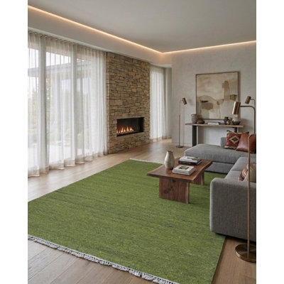 Hand Woven Flat Weave Skittles Kilim Solid Green Cotton & Polyester Rectangle Indoor Area Rug