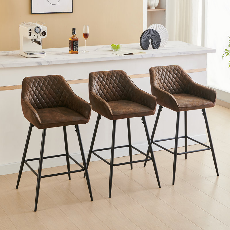 Upholstered Counter Stool with Metal Frame, Brown Chenille
