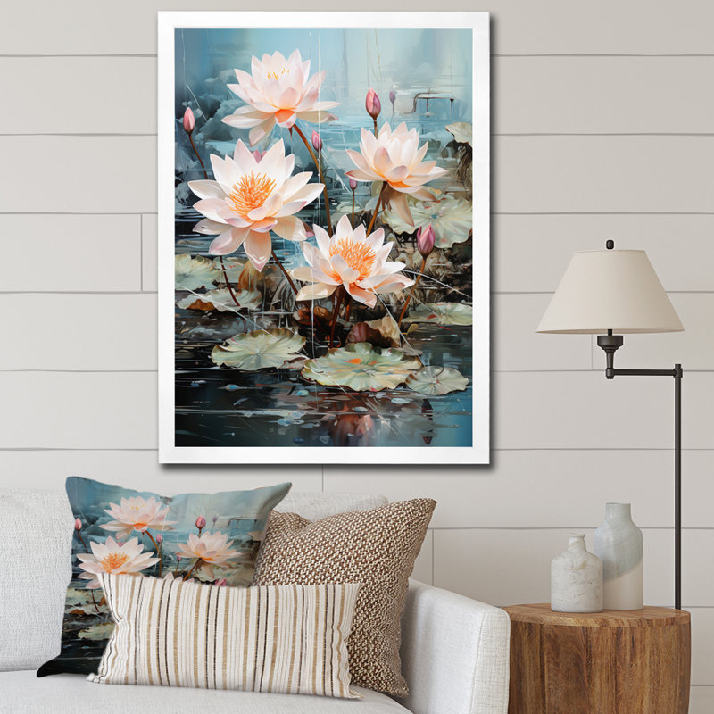 «Amebury Asian Art Lotus Pond» sur toile, H 32 po x l 24 po x P 1 po, Cadre photo blanc