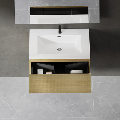 Meuble-lavabo mural flottant avec lavabo, meuble de rangement mural moderne avec tiroir à fermeture en douceur, idéal pour les salles de bain compactes et élégantes.