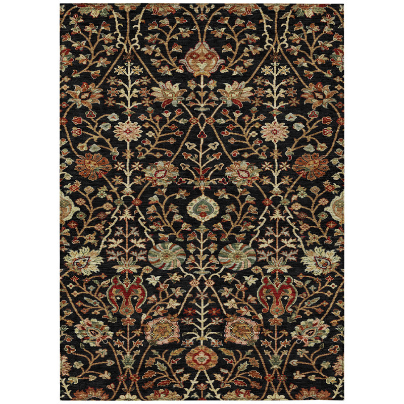 Black Floral Synthetic Rectangular Washable Area Rug