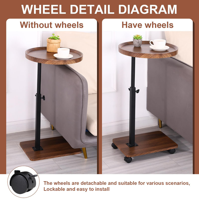 Adjustable Height C Table with 360° Rotatable Wheels - Versatile Side Table for Sofa, Bed, and Bathtub