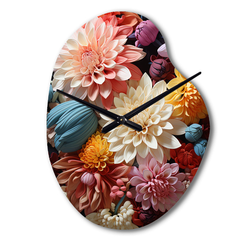 «Mums Autumn Hues Showcases II - Mums», horloge murale asymétrique en métal, Grand