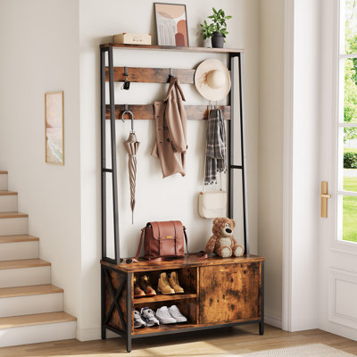 Hall Tree With Bench And Shoe Storage, Wood Look,White Color