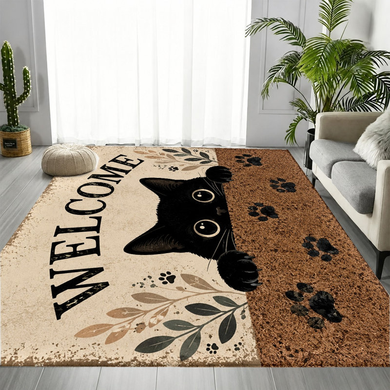 Tapis noir en velours antidérapant à motif de pattes, chaton noir, Rectangle 5 pi 3 po x 3 pi 3 po (160 x 100 cm)