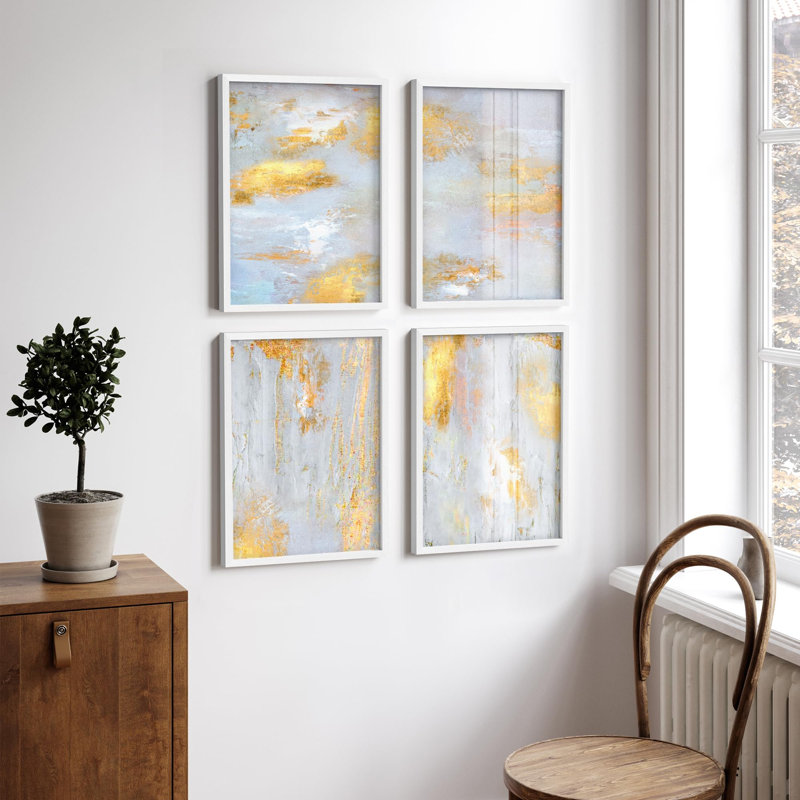 "Décoration murale abstraite moderne en métal or et argent" 4 pièces, Blanc, H 28 po x l 22 po