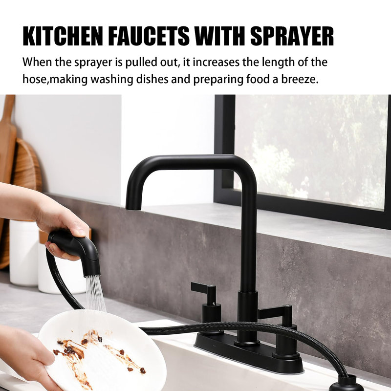Kitchen Faucet With Spray Nozzle, Stainless Steel Kitchen Sink Faucet With Side Spray, 3 Or 4 Holes., Black