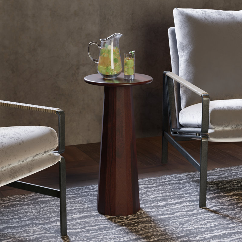 Solid Wood Round Drink Table - Walnut Finish, Sculptural Pedestal Accent / Martini Table, No Assembly - Enteka