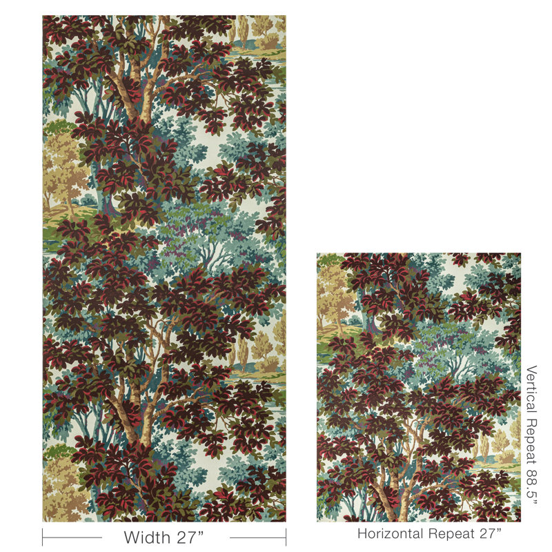 Arcadia Woodland 11' L x 27" W Wallpaper Roll, Blue/Green/Red