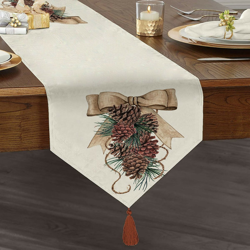 Chemin de table de Noël et des Fêtes avec pompon, idéal pour les fêtes