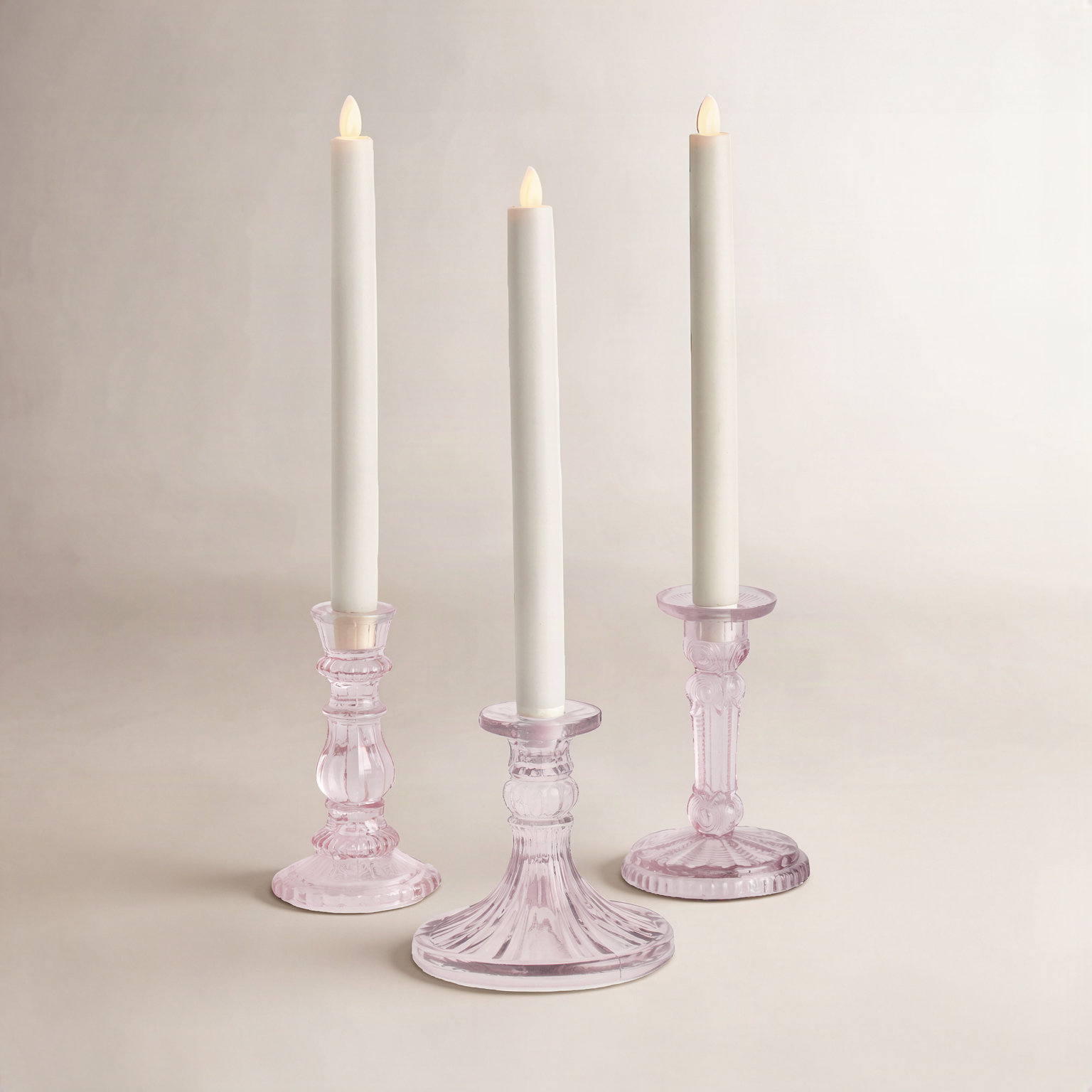 3-Piece Glass Candlestick Set, Medium, Pink