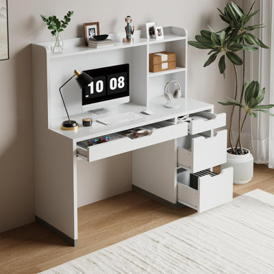 Desk with Hutch, 47 Inch White Desk with 4 Drawers and File Cabinet for Bedroom