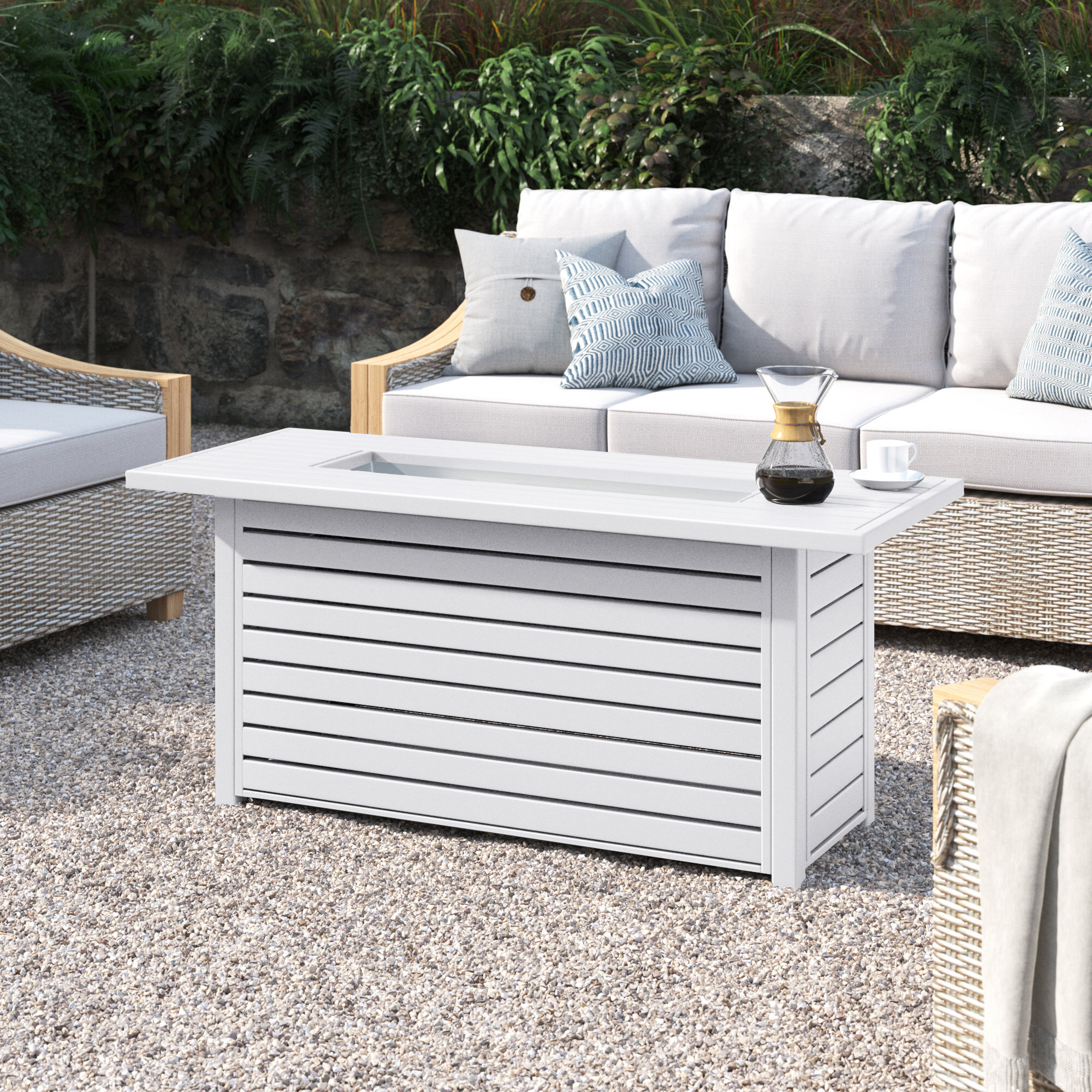 Casselton Rectangle Fire Pit Table, White, 25" H x 42" W x 20" D