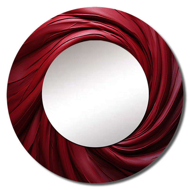 Red Winding Wonder - miroir mural décoratif à spirales abstraites, miroir rouge, impression sur métal, 29 po x 29 po, Rond