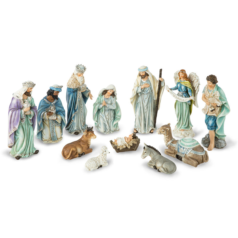 Ensemble de 12 figurines de crèche de luxe en résine bleue, H 10 po x l 26 po x P 4 po, Île Seymour Nord, Galapagos