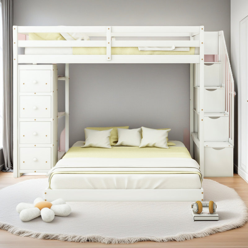 Lit superposé simple au dessus d'un lit double avec tablettes à 3 niveaux, tiroirs et escalier de rangement, Blanc