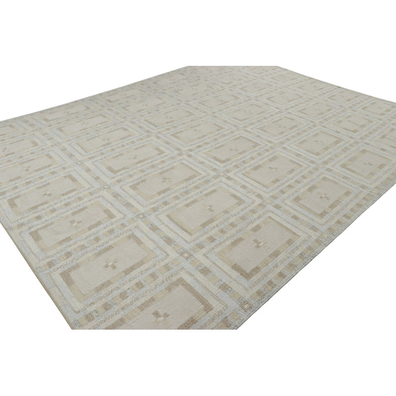 Rug & Kilim’S Scandinavian Rug In Beige, Ivory And Ice Blue Geometric Patterns, Rectangle 6' x 9'