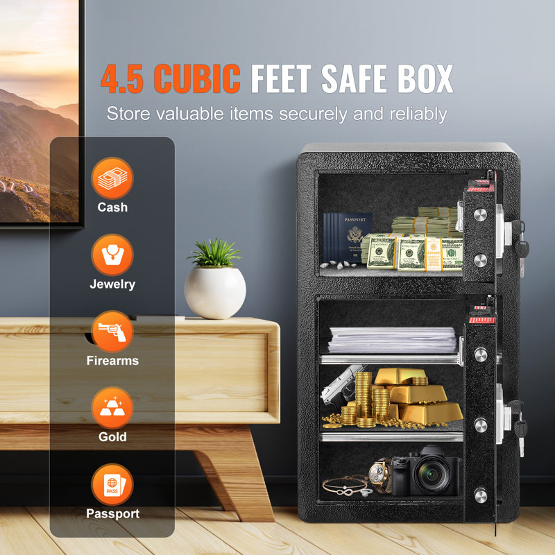 Double Doors 4.5 cu.ft Safe Box with Key Lock & Password, LED Light and 2 Height Adjustable and Removable Divider for Money, Safe Lock Box with Fireproof Bag, Key Rack, Documents, Black