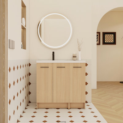 Meuble-lavabo autoportant modulaire en chêne clair 36 po avec comptoir en résine 36 po, 2 portes 24 po et armoire 1 porte 12 po