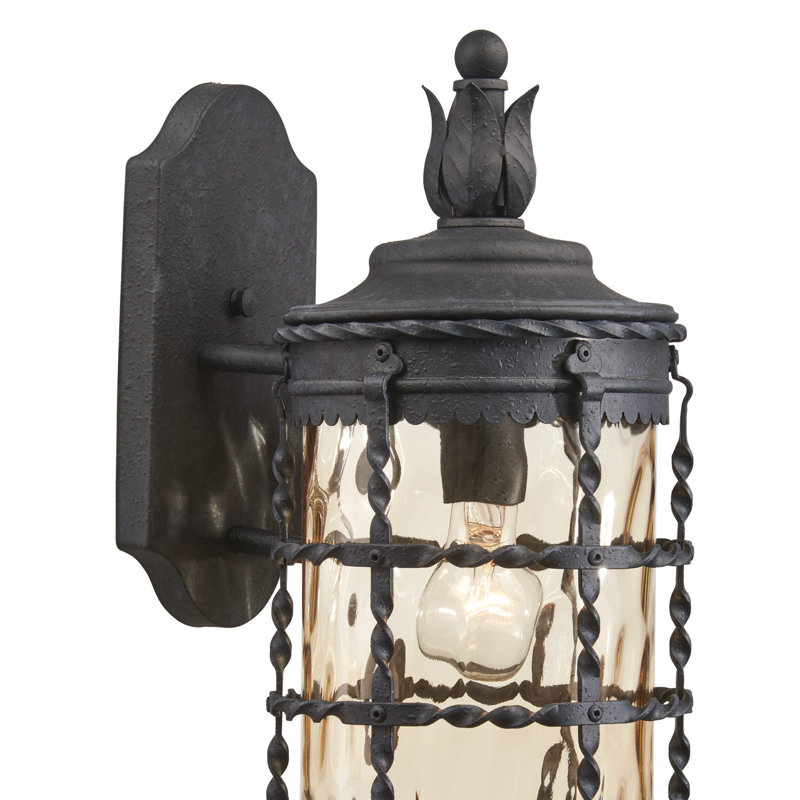 Lanterne murale d'extérieur 1 lumière Puccio, Verre martelé couleur champagne, Fer espagnol