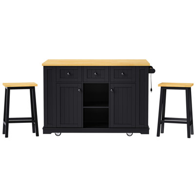 Îlot de cuisine avec 50 tables, 2 portes de grange et rangement interne, tabourets de bar noirs de 53 pouces avec 3 tiroirs, 5 côtés ouverts, roues dissimulées,