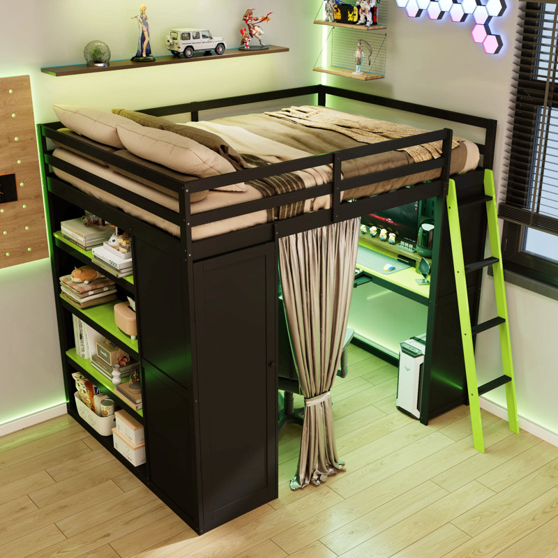 Lit mezzanine en bois avec garde-robe, tablettes, rideaux occultants et lumières RVB, Black/Green