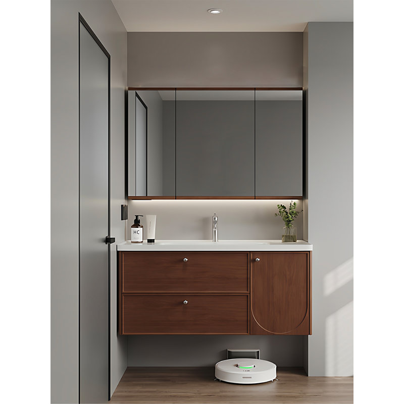 Meuble-lavabo flottant en bois d'hévéa de style Mid-Antique avec lavabo en céramique