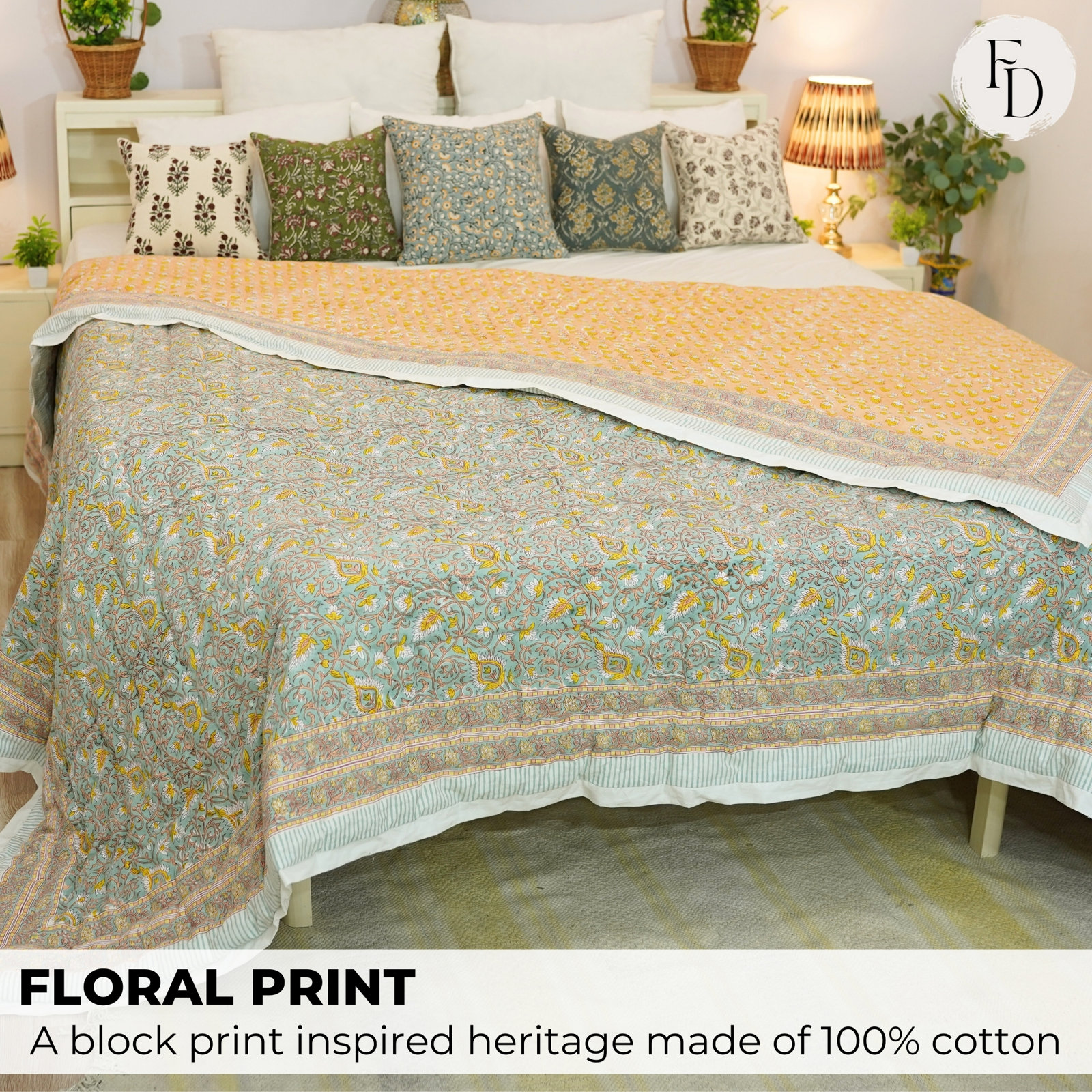 Cotton Quilted Throw Blanket, King Us, Orange