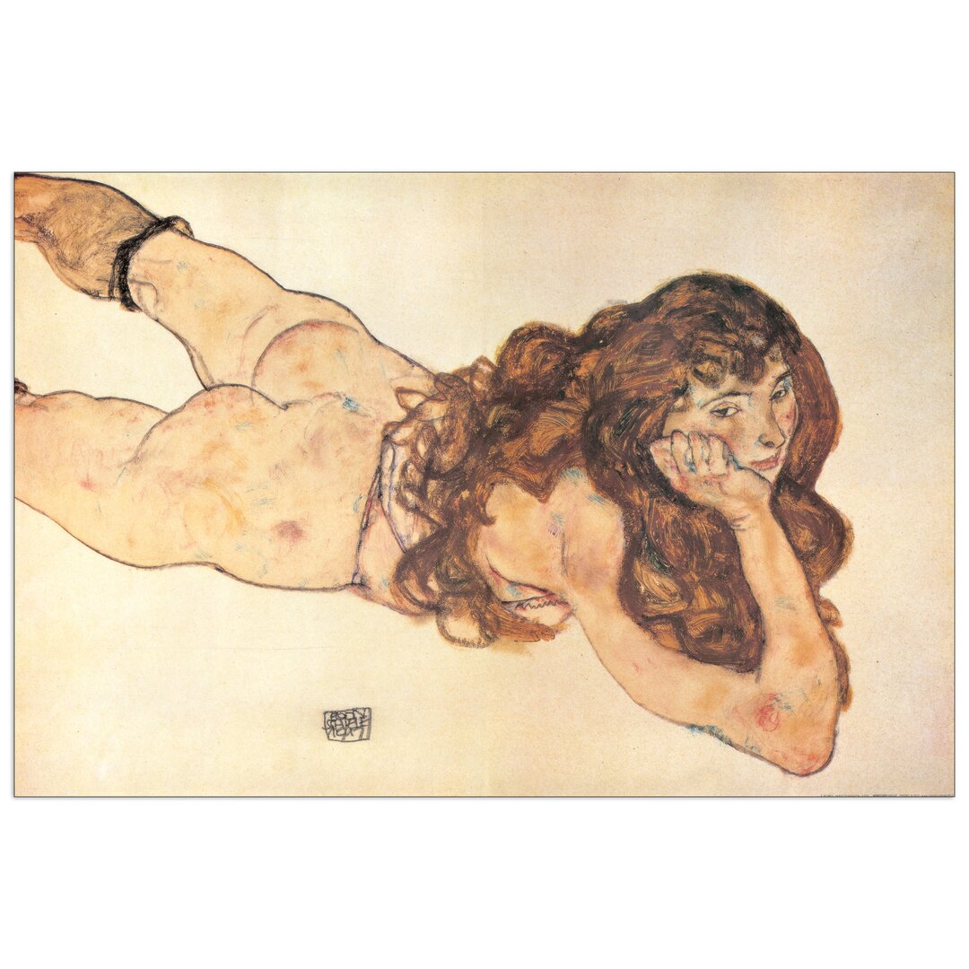 Holzbild Weiblicher Akt auf dem Bauch liegend 1917 von Schiele