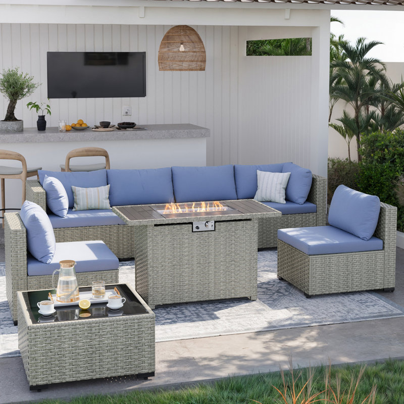 Outdoor Wicker 8-Piece Sectional Sofa Set With Comfortable Cushions, Blue
