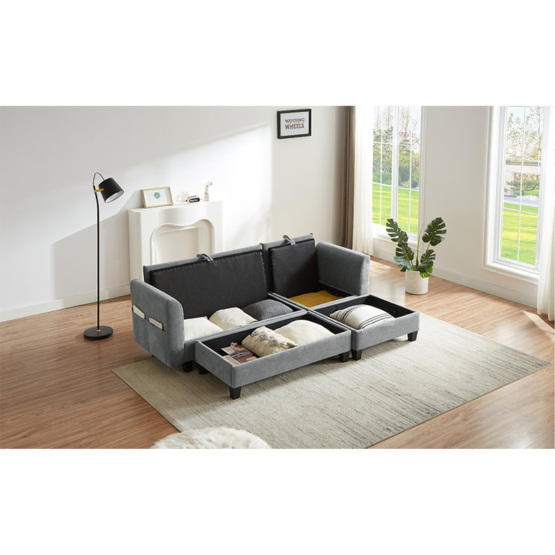 83" Sectional Sofa L-Shaped Sofa Upholstered Sectional Sofa With Ample Storage Space, Movable Ottoman And Six Throw Pillows For Living Room, Grey